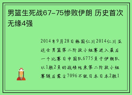 男篮生死战67-75惨败伊朗 历史首次无缘4强